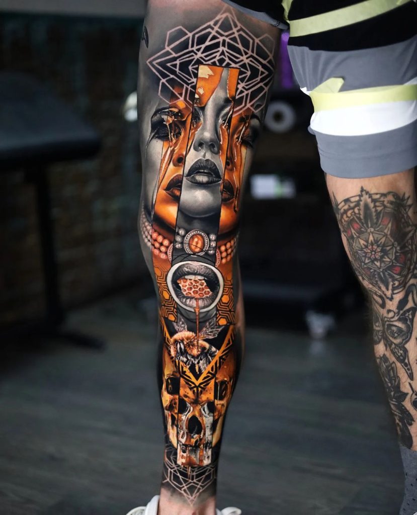 Realistic Art Fusion Leg Sleeve Tattoo by Artem Tsytsylin