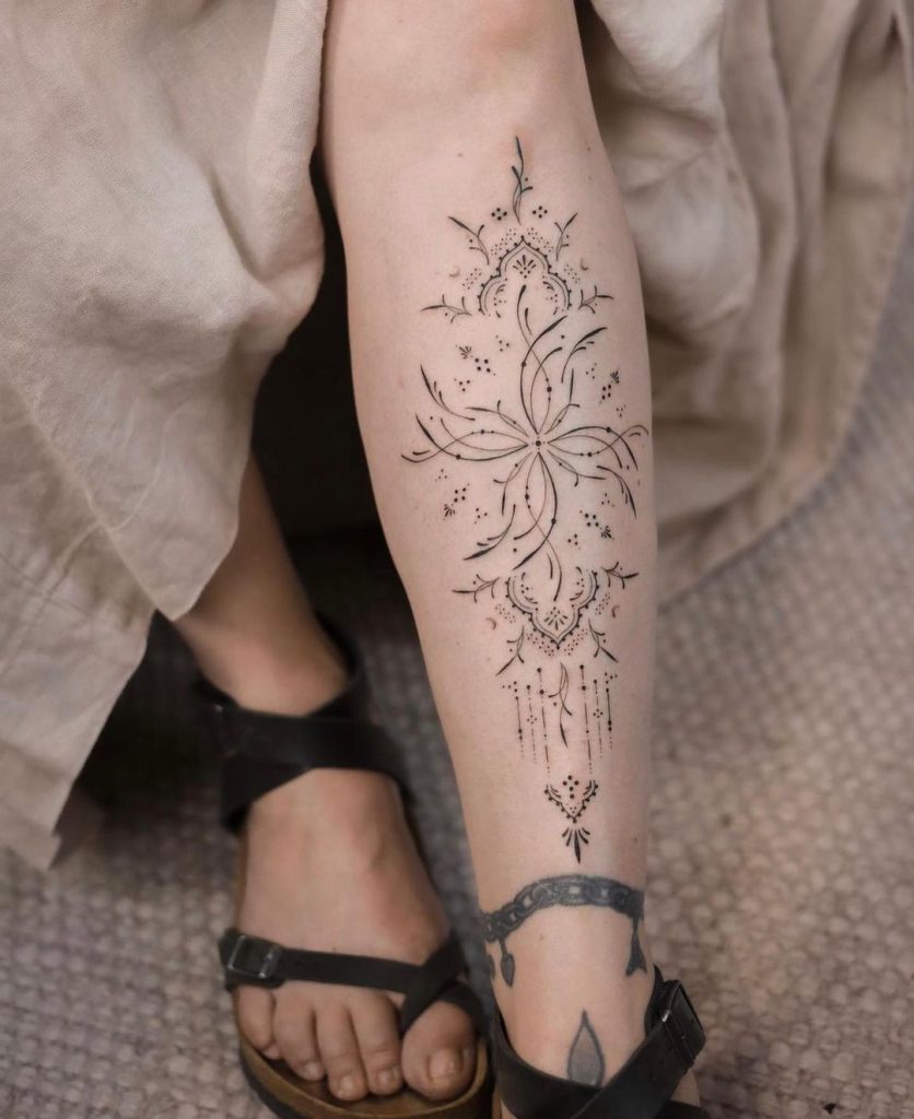 Fineline Ornamental Shin Tattoo by Amy Kuijper