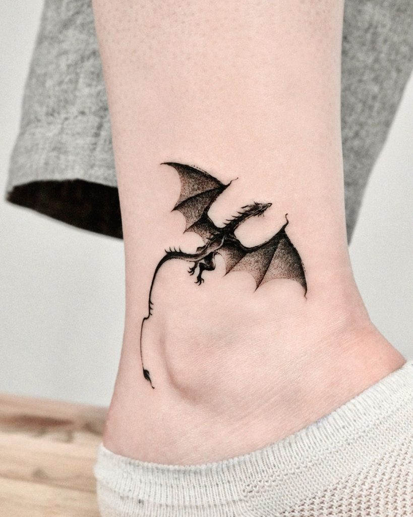 Black and Grey Small Dragon Ankle Tattoo by VANZO
