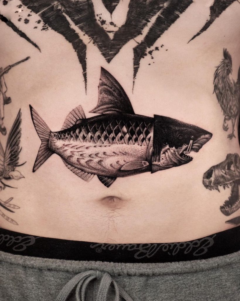 Black and Grey Belly Shark Tattoo by 9rukim