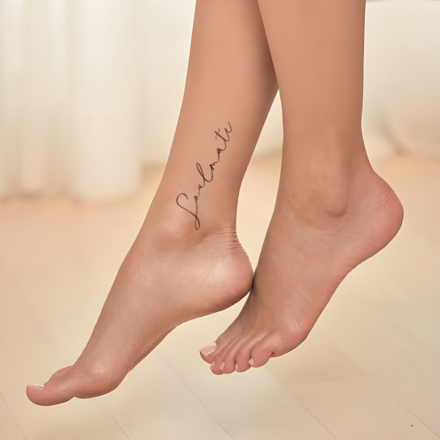 girl leg displaying soulmate lettering tattoo mockup