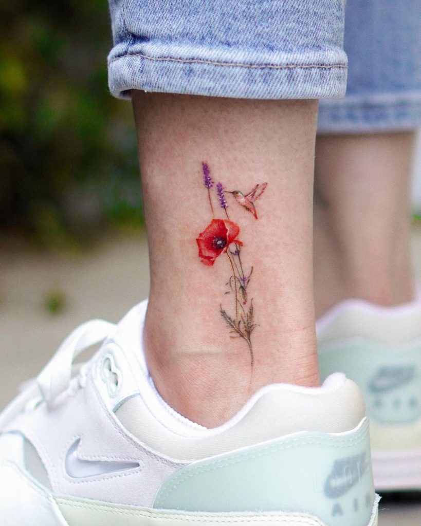 Small Hummingbird and Poppy Ankle Tattoo by Seulki Park