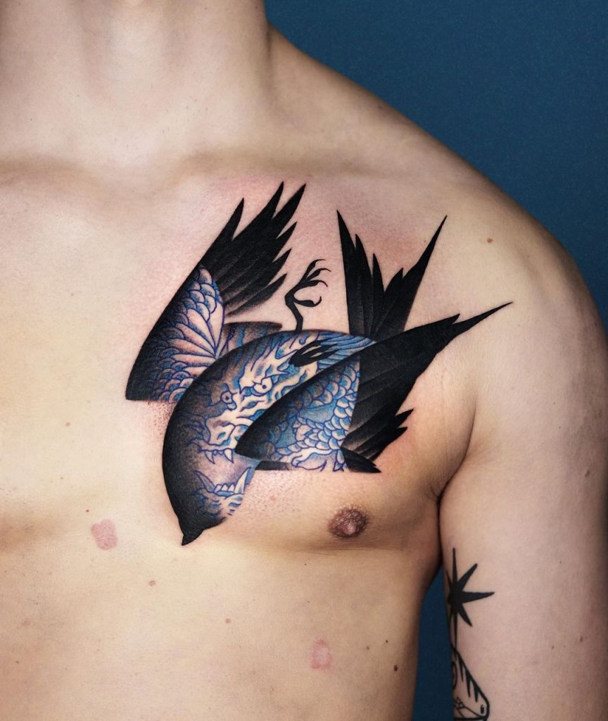 Geometric Bird Chest Tattoo by Aleksy Marcinow
