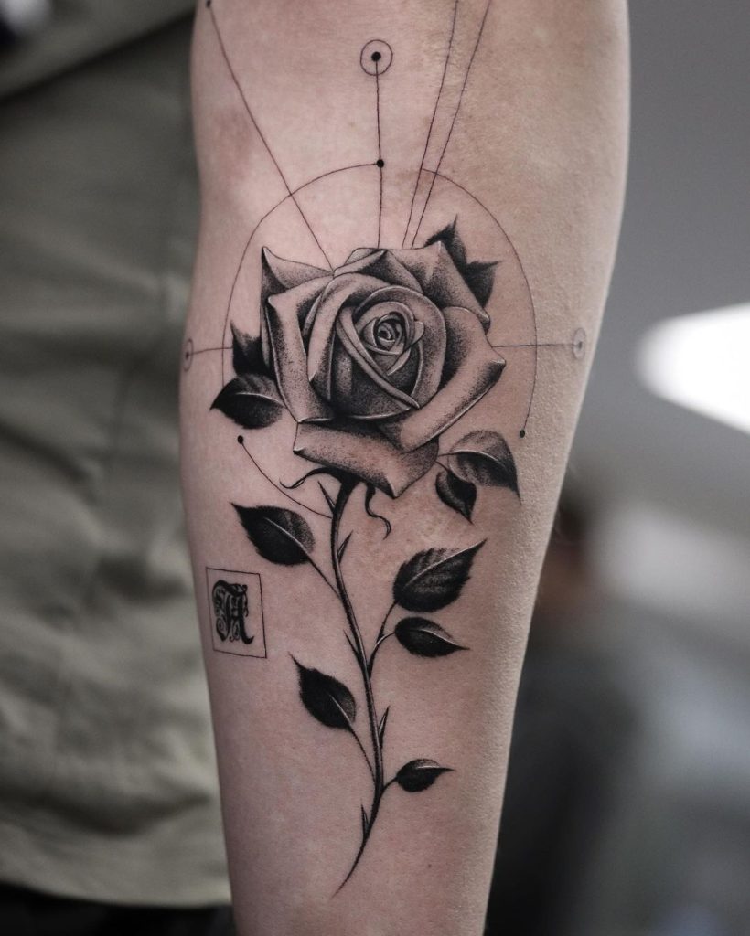 Art Fusion Black and Grey Rose With Geometric Lines by Andreas Givskov