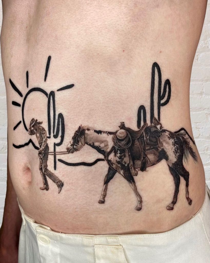 Black and Grey Cowboy and Horse Belly Tattoo by Arbel