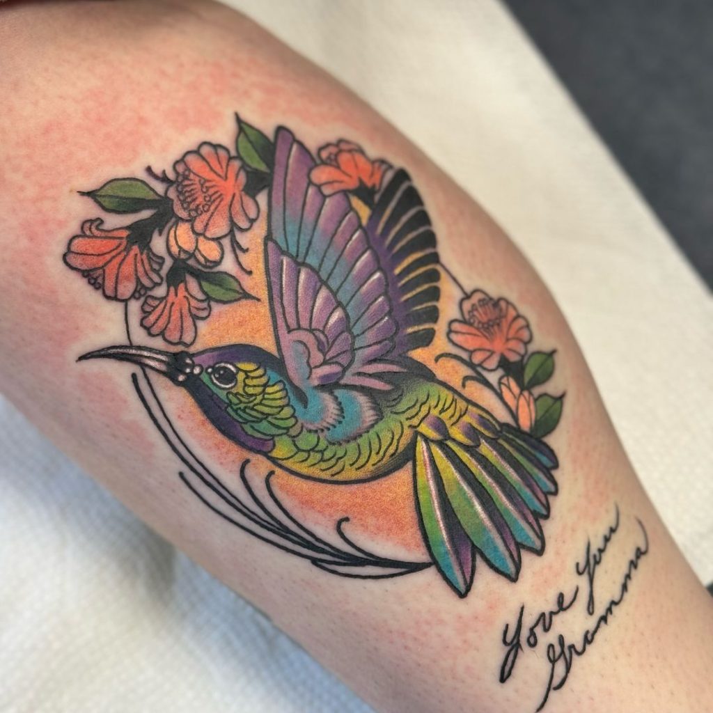 Neotraditional Hummingbird and Flowers Tattoo by Aaron Troy