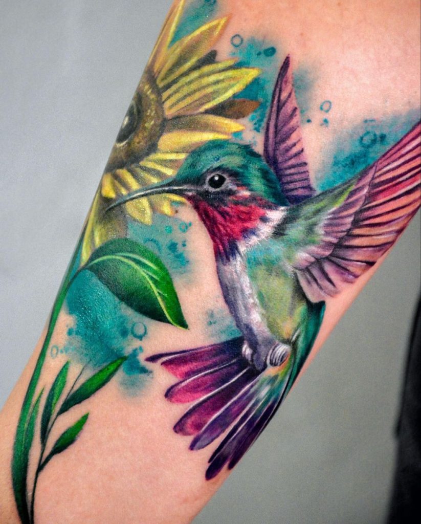 Colorful Painterly Hummingbird and Sunflower Tattoo by Bonem Tattoo