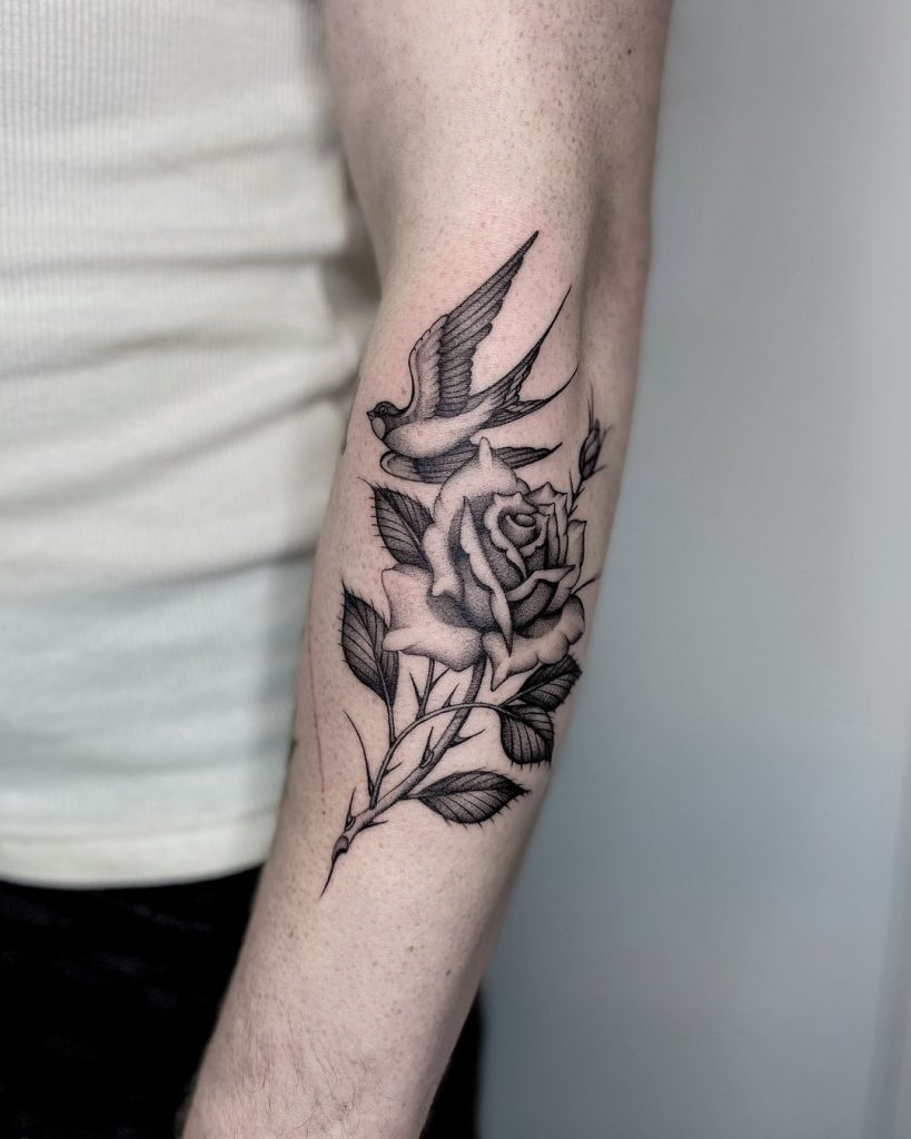 Black and Grey Swallow and Rose Tattoo by Brad