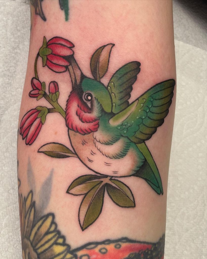 Neotraditional Hummingbird Tattoo by Cara Rickers