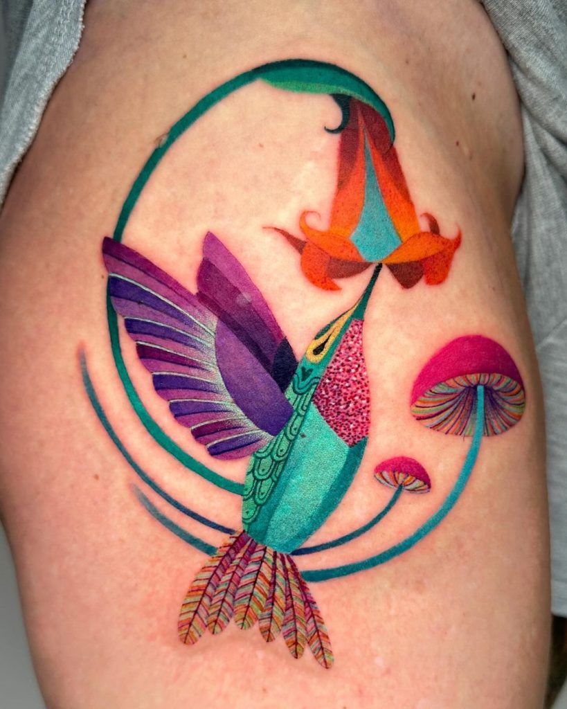 Abstract Geometric Colorful Hummingbird Tattoo by Ces Paramo