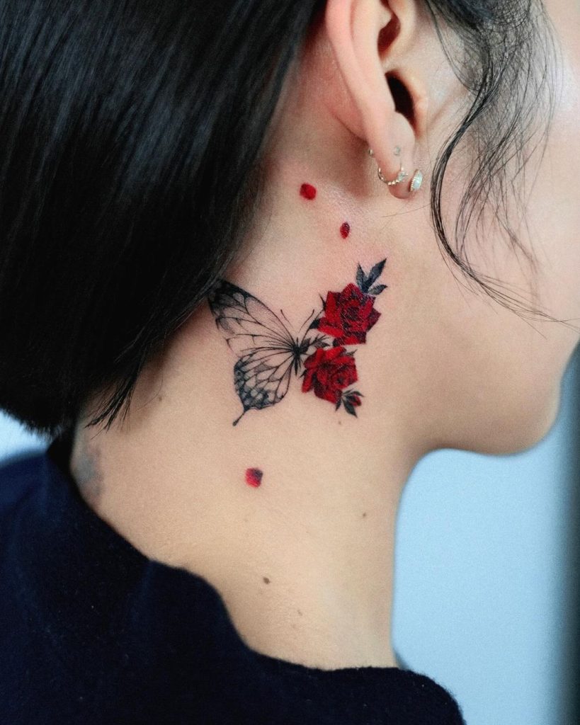 Butterfly Rose Neck Tattoo by Chacha