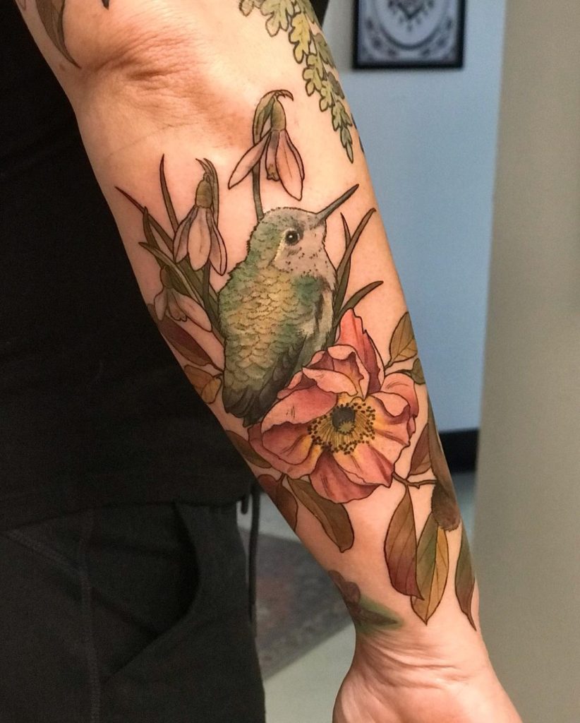Neotraditional Hummingbird and Flowers Tattoo by Jayme