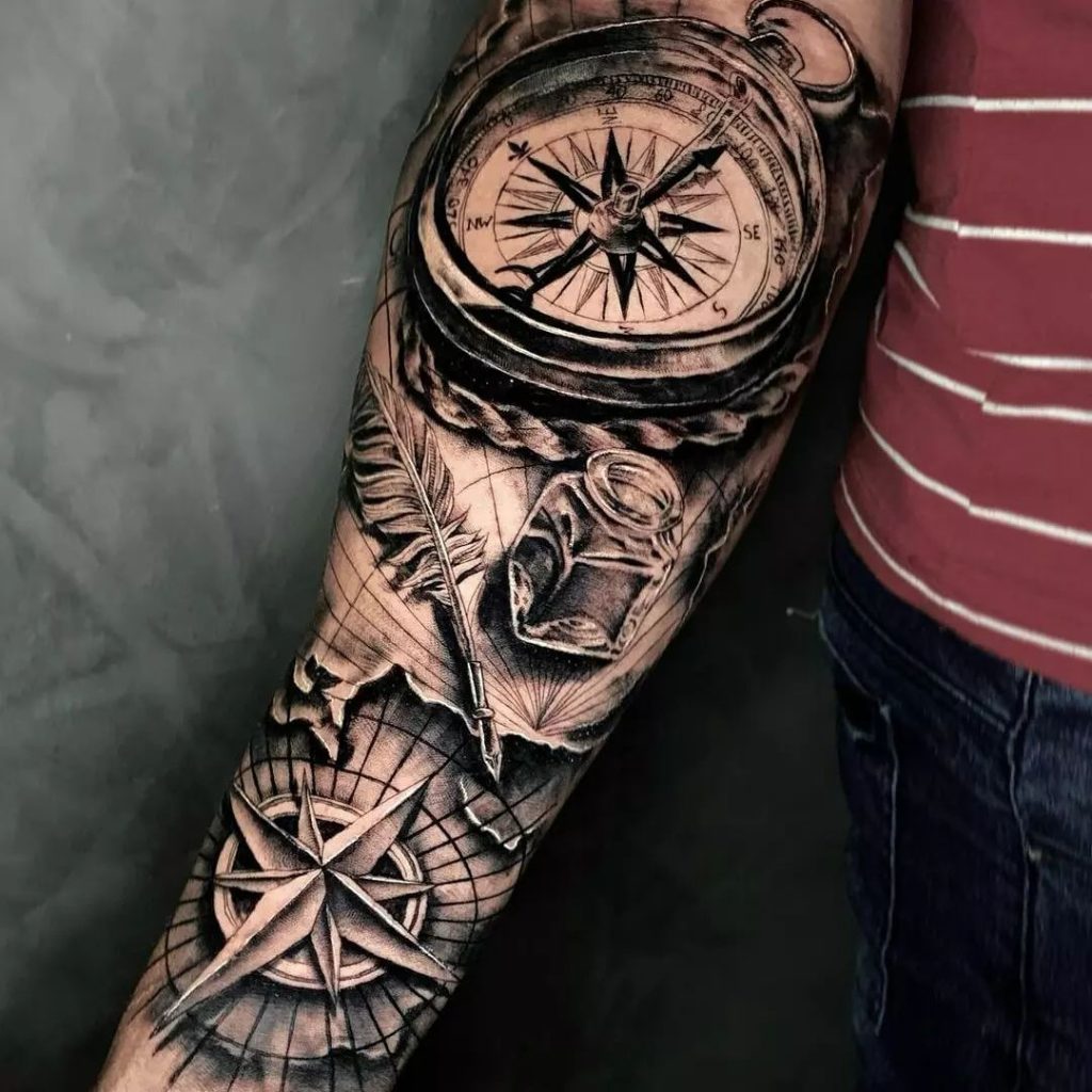 Realistic Black and Grey Map, Quill, Ink and Compass Tattoo by Felipe Randel