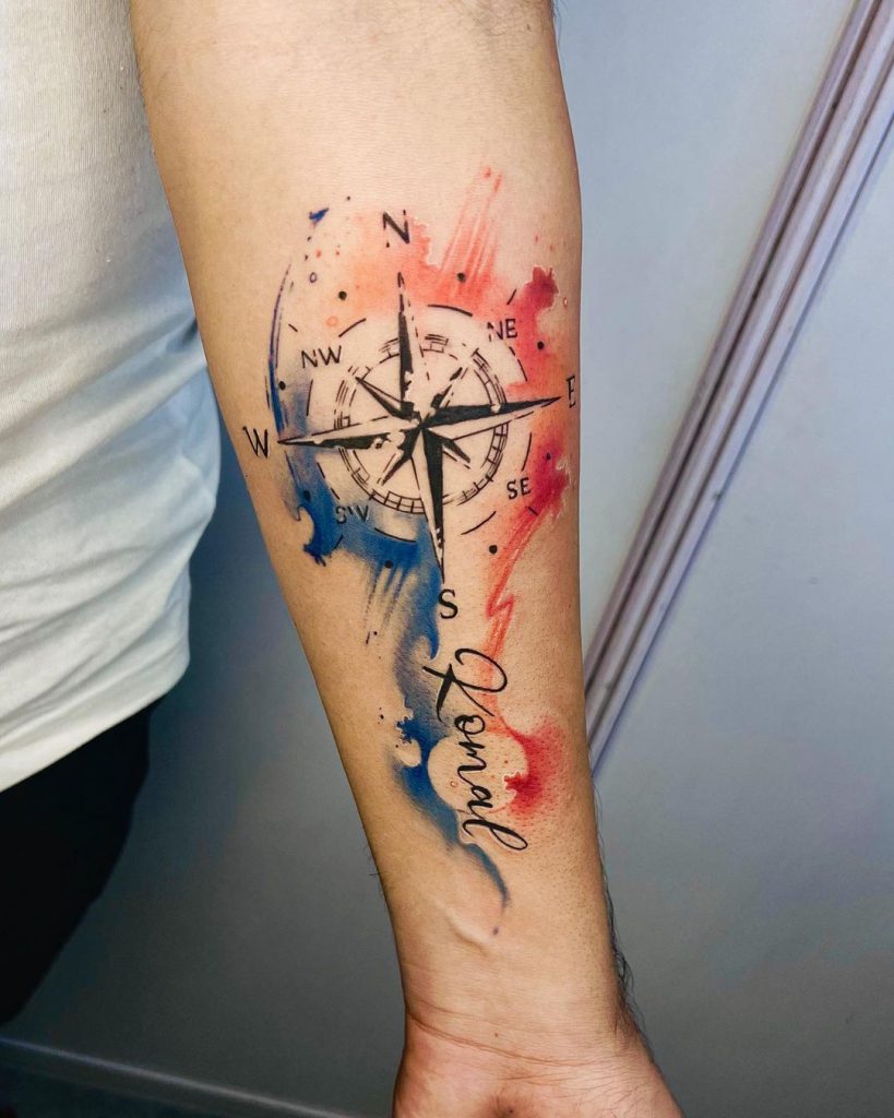 Watercolor Compass and Name Typography Tattoo by Fenil Bhatporiya