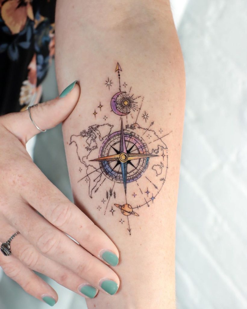 Fineline Watercolor Compass and World Map Tattoo by First Jing