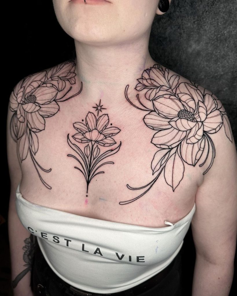 Linework Floral Chest and Shoulders Tattoo by Franzi Kranz
