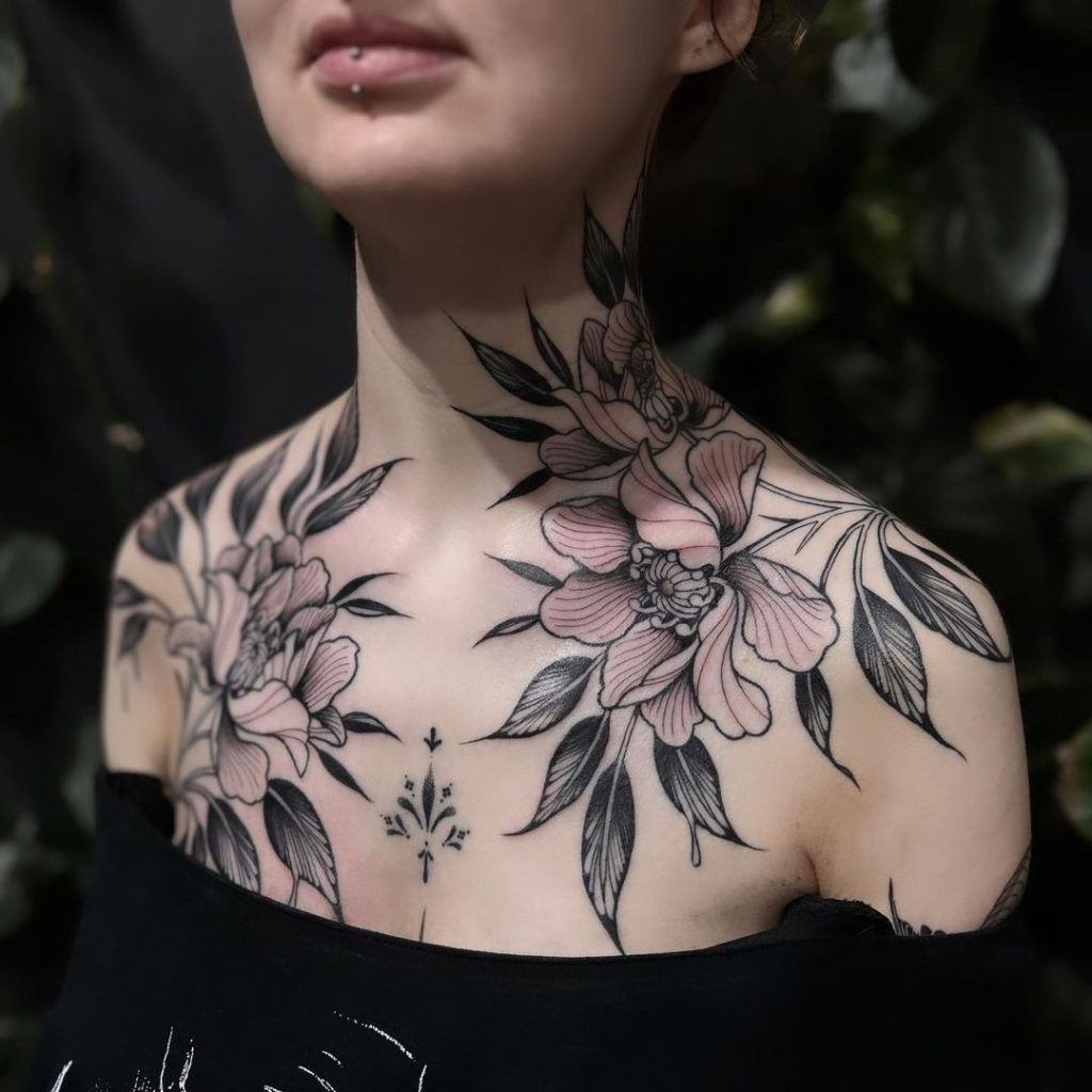 Black and Grey Floral Chest and Shoulders Tattoo by Gaëlle Marla