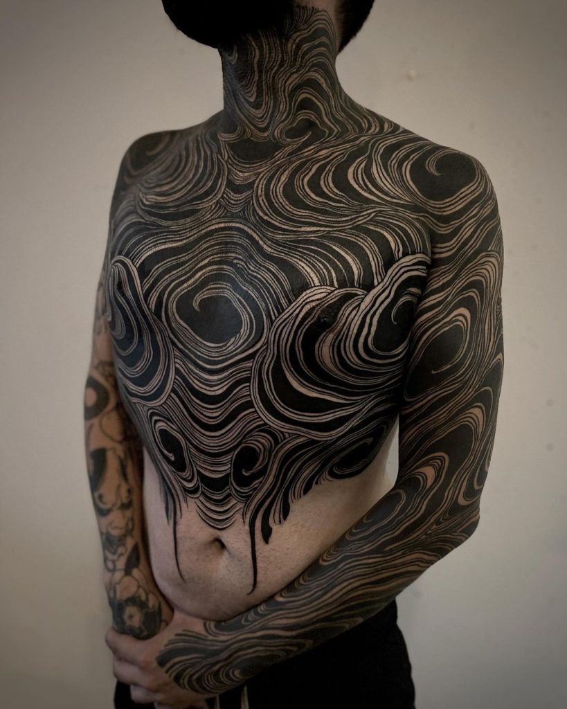Blackwork Abstract Geometric Front Tattoo Piece by Gakkin