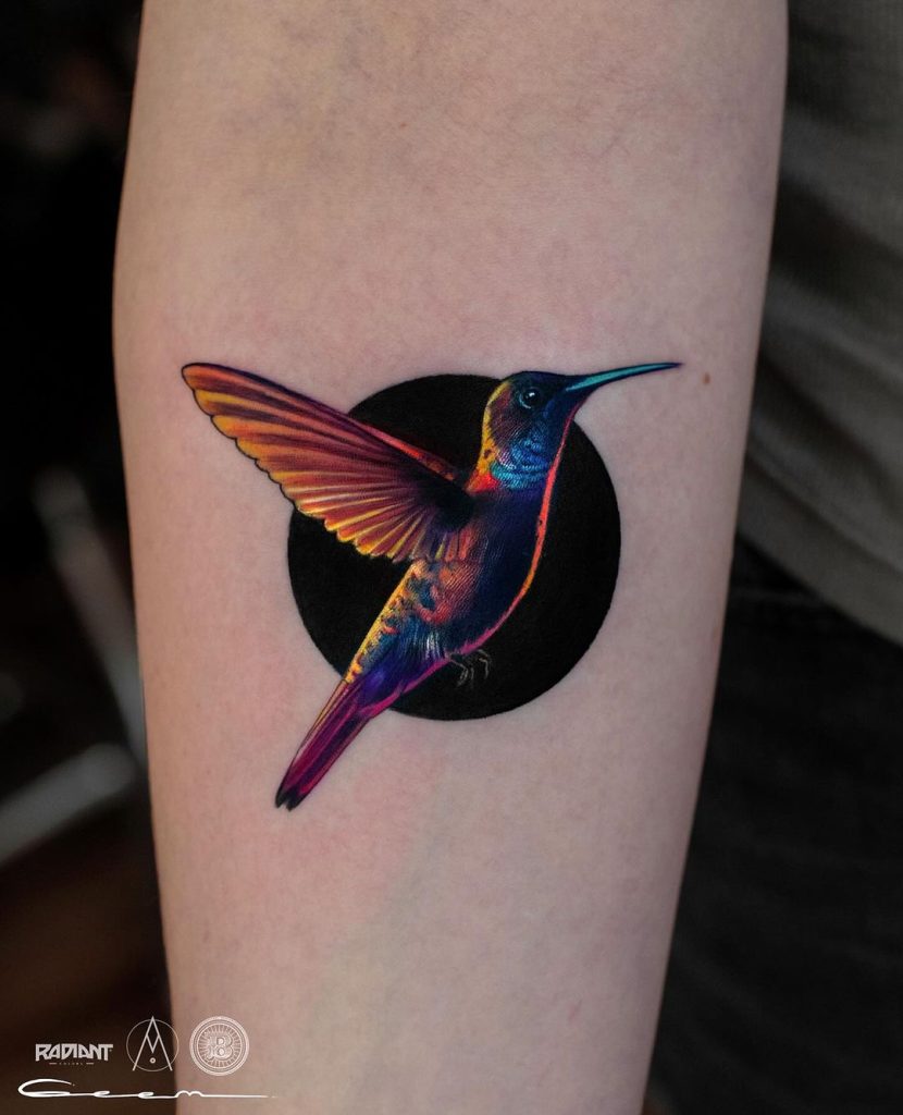 Neon and Blackwork Hummingbird Tattoo by Gustavo E. Estudillo Madrigal