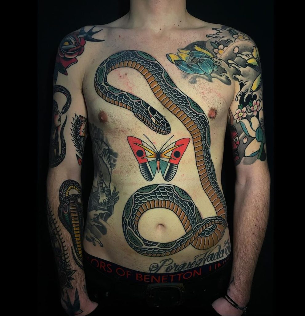 Old School Traditional Snake and Butterfly Frontal Piece Tattoo by Gian Mauro Spanu