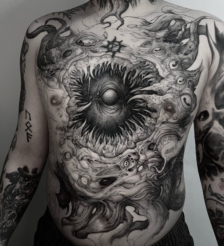 Black and Grey Cosmic Horror Front Piece Tattoo by Lee Huido