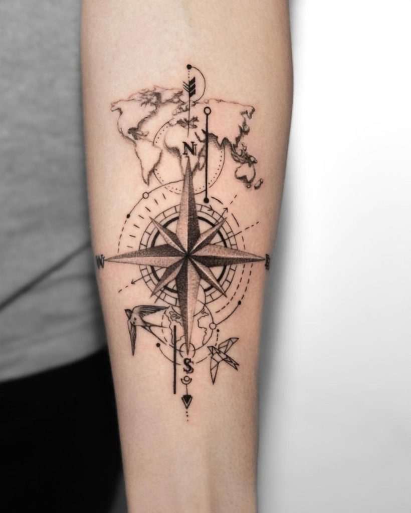 Black and Grey Map, Swallows and Compass Tattoo by Hong