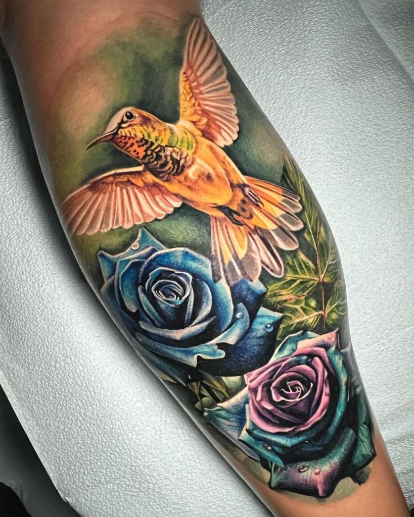 Realistic Colorful Painterly Hummingbird and Roses Tattoo by Irina Shapiro