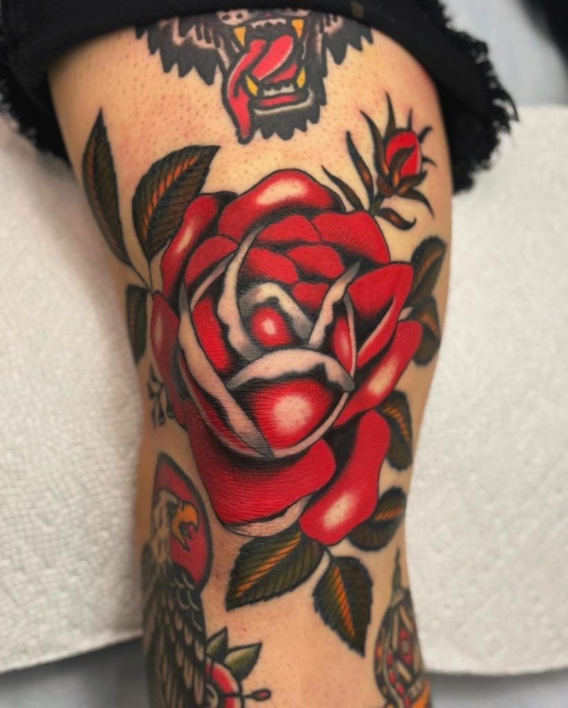 Old School Traditional Knee Rose Tattoo by Jesse Smith