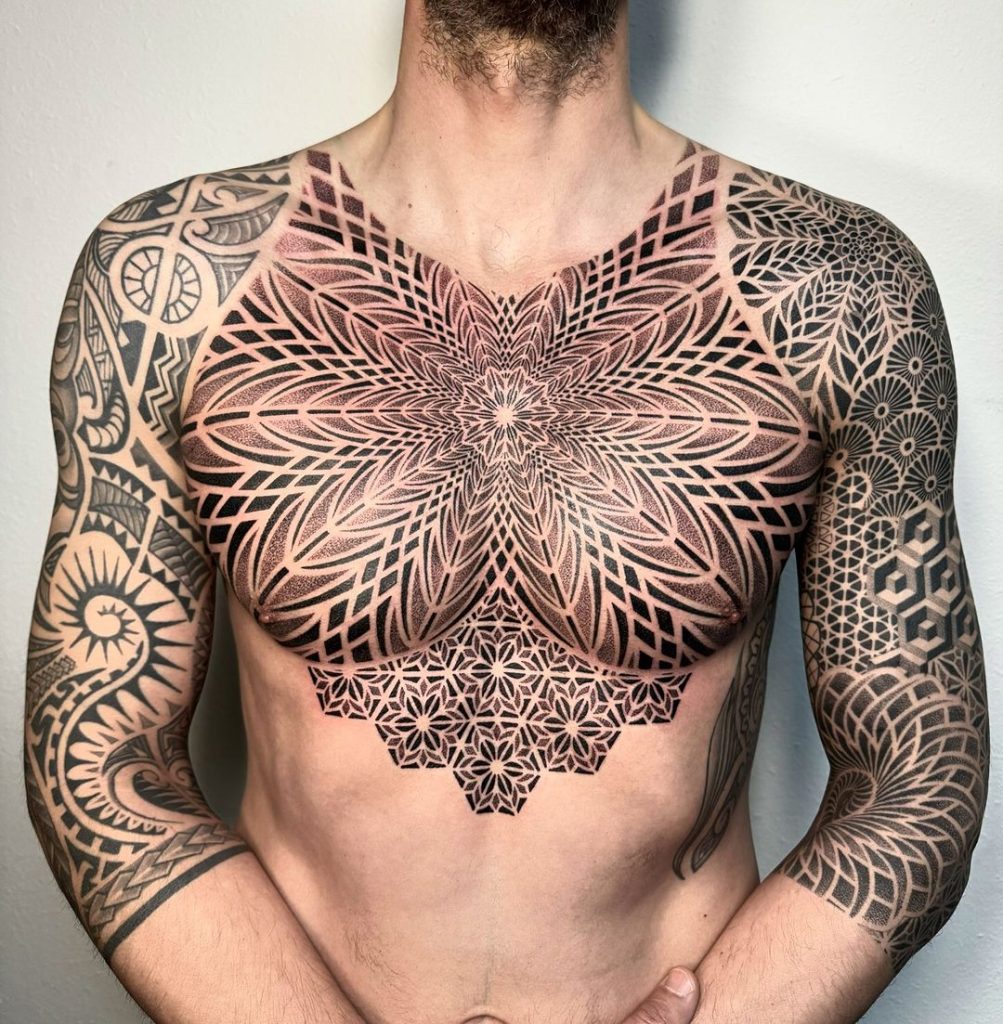 geometric mandala chest tattoo by jakab deszo