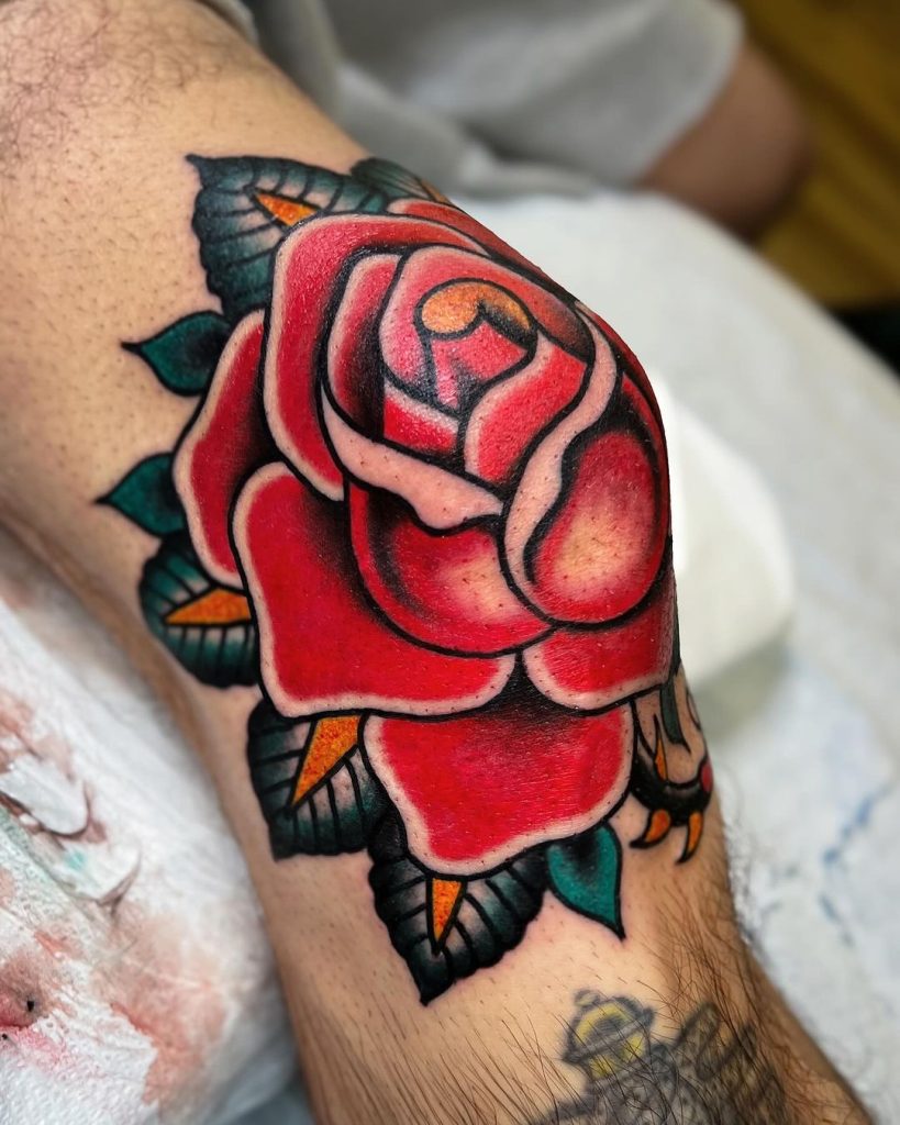 Old School Traditional Knee Rose Tattoo by Jason Walstrom