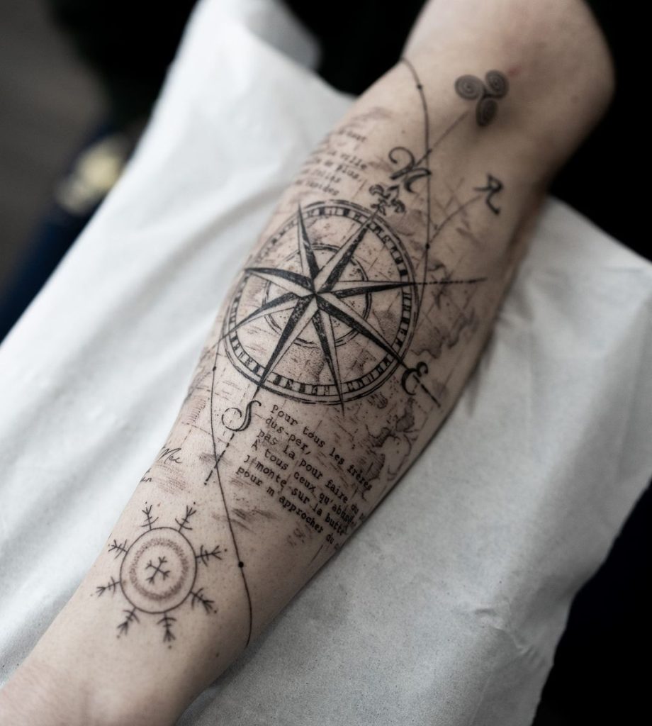 realistic map and compass tattoo by julien rimbaud