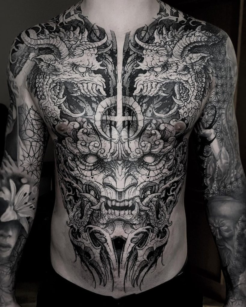 Black and Grey Frontal Demon Tattoo by Konrad Krajda