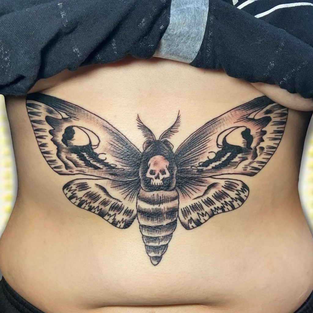 Black and Grey Moth Belly Tattoo by Kori Callu