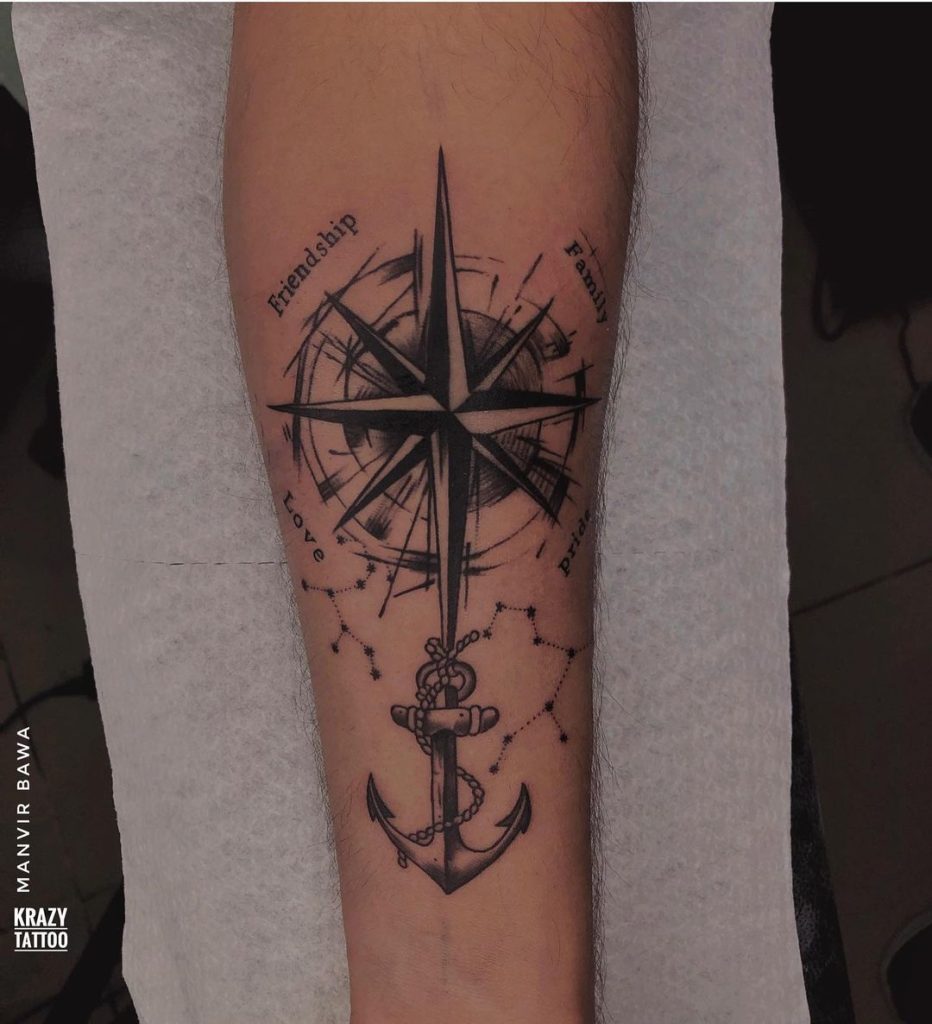 Blackwork Compass, Typography and Anchor Tattoo by Ravinder Jagdeo
