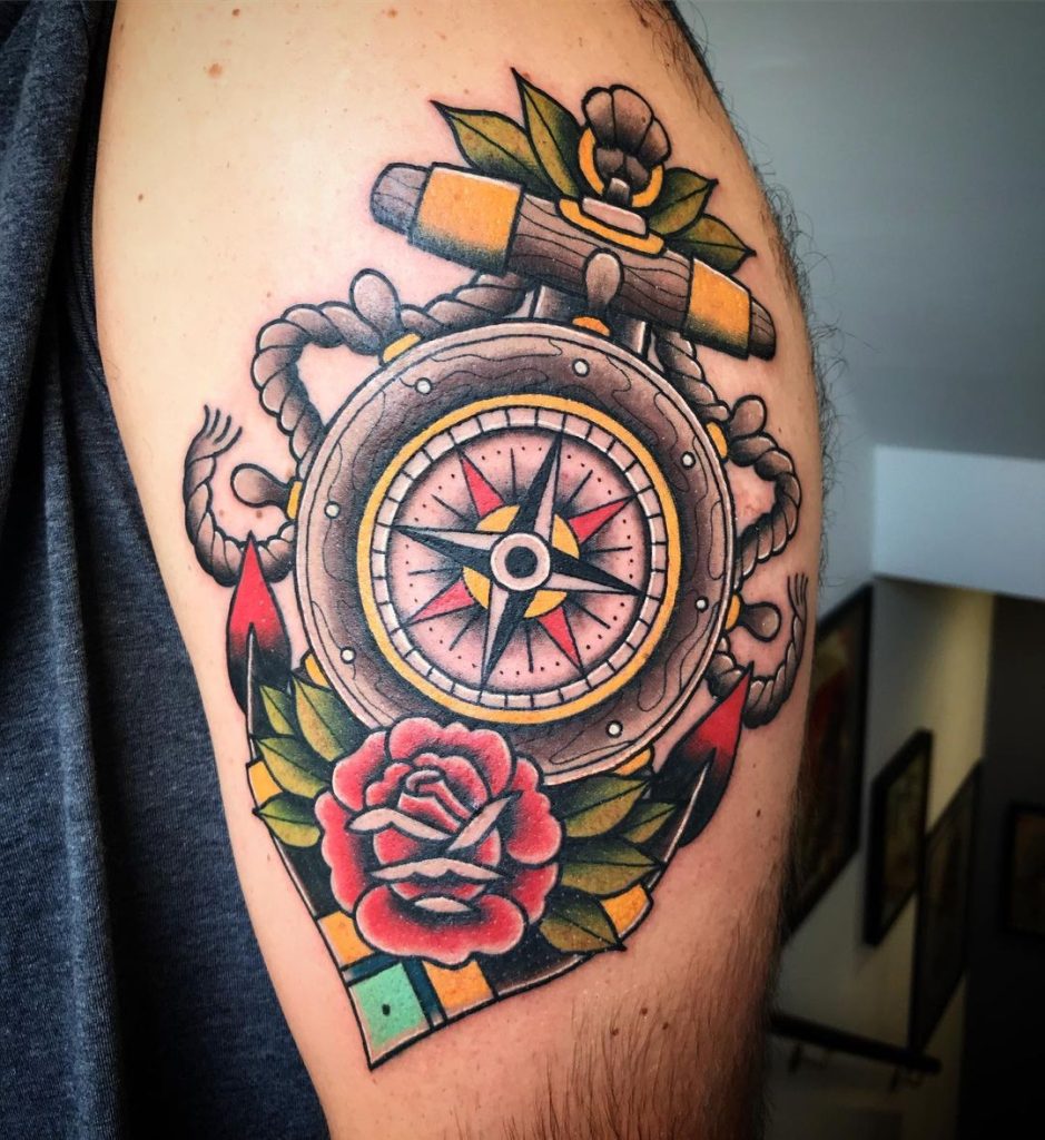 traditional compass tattoo by lewis carter