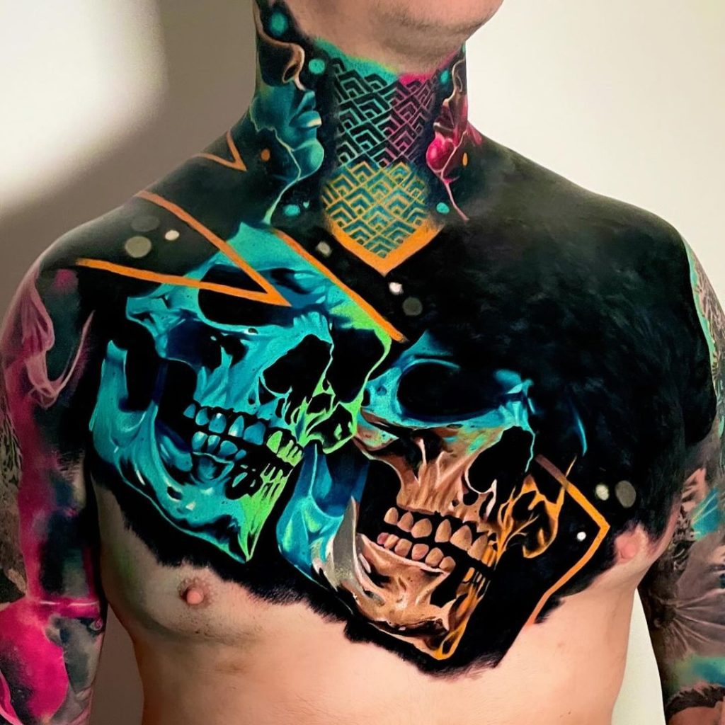 Neon Art Fusion Skull Chest Tattoo by Little Andy