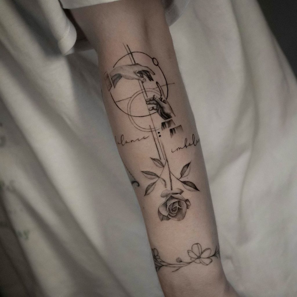 Art Fusion Geometric Fineline Rose Tattoo by Onur Kolev