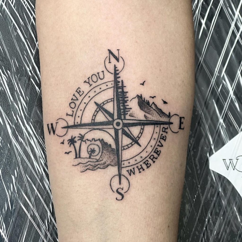 Black and Grey Compass and Typography Tattoo by Edwin Kruer