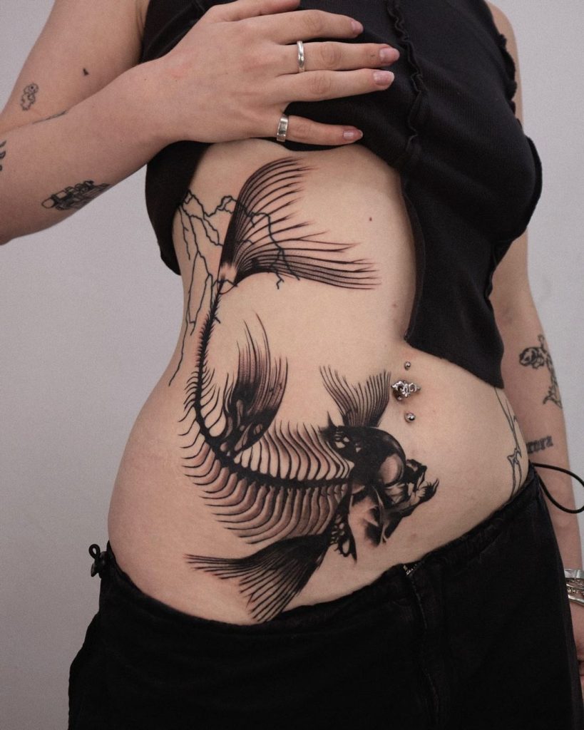 Blackwork X-Ray Anglerfish Belly Tattoo by Onz