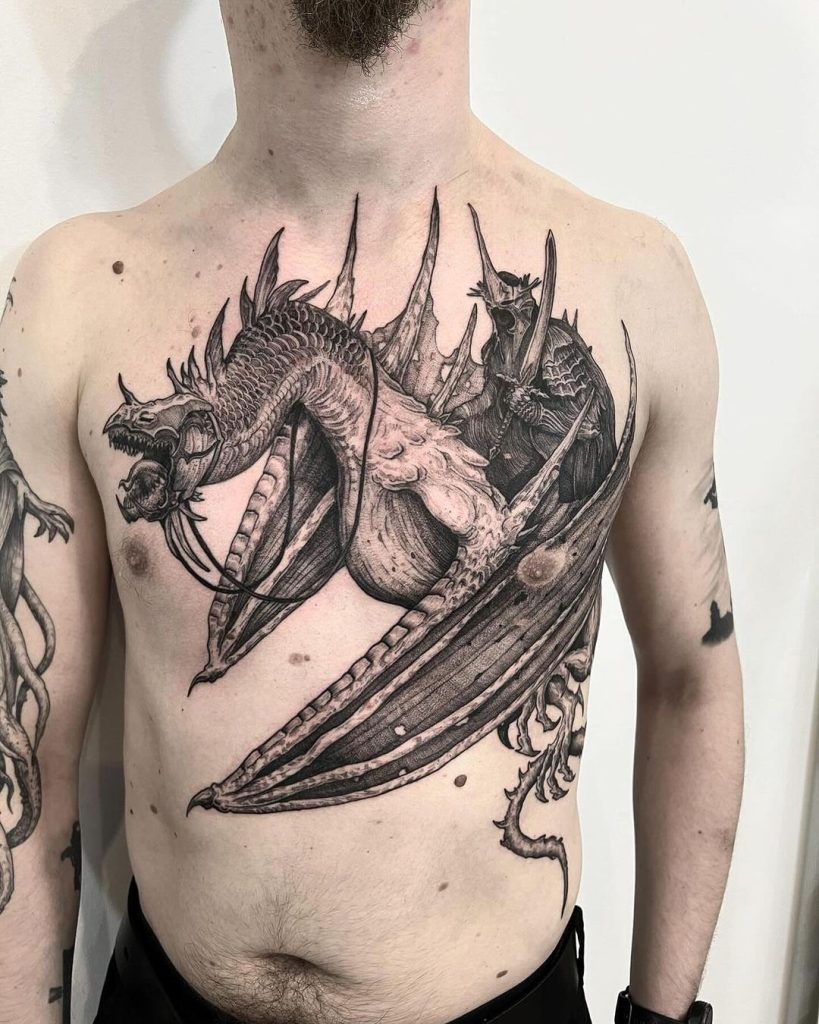 Black and Grey Nazgul Chest Tattoo by Oskar Gurbada