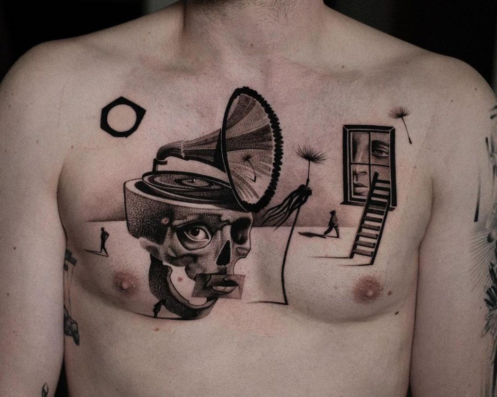 Surrealist Black and Grey Chest Tattoo by Patryk Chybowski