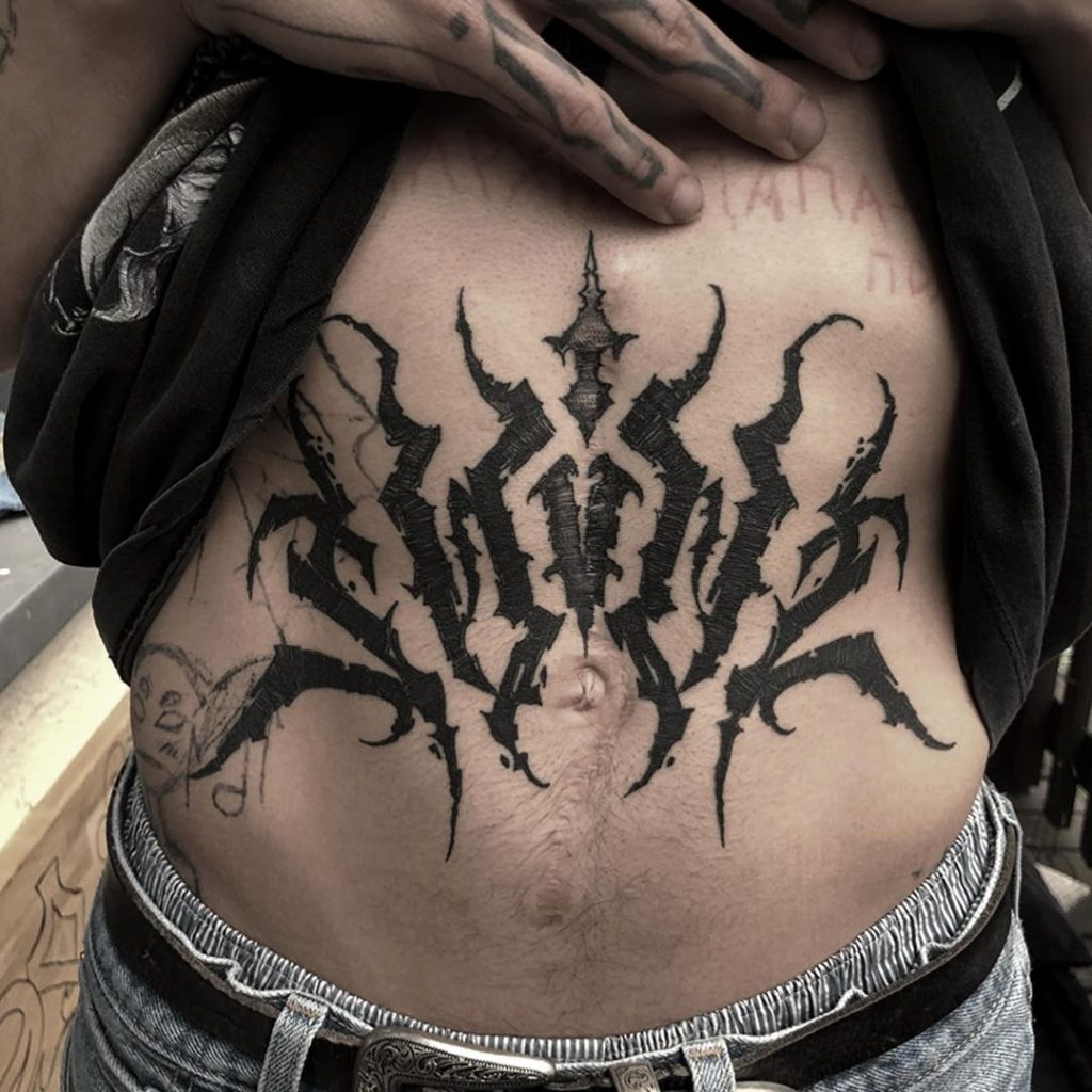 Blackwork Lettering Belly Tattoo by Person Der Kunst