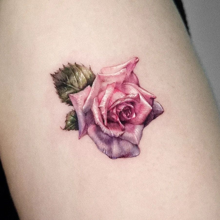 Realistic Pink Rose Tattoo by Raevle Ink