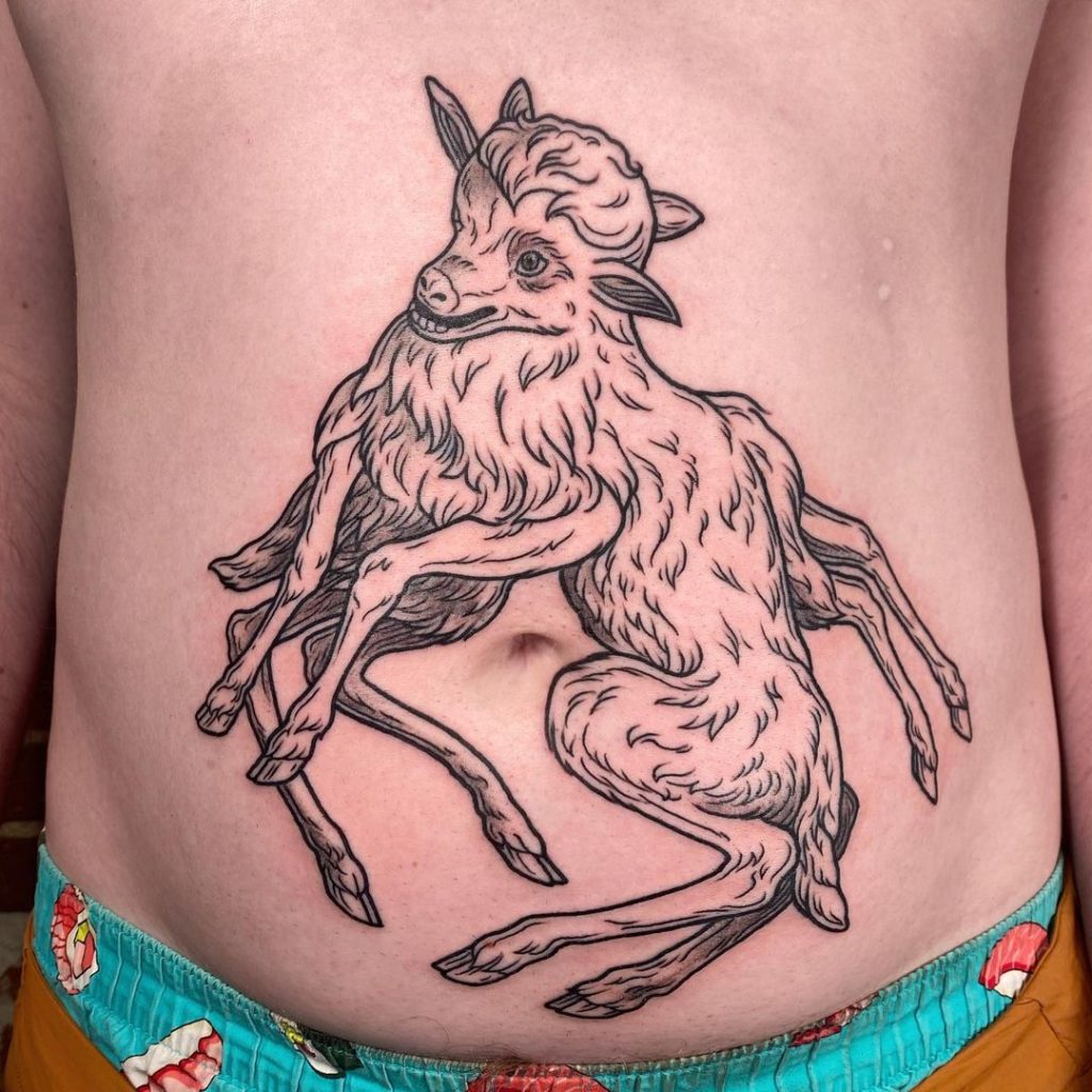 Black and Grey Conjoined Fawn Belly Tattoo by Rai