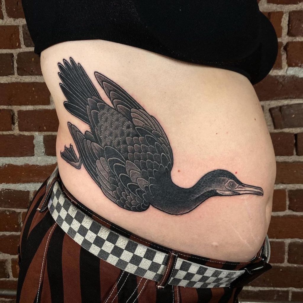 Black and Grey Cormorant Belly Side Tattoo by Rai