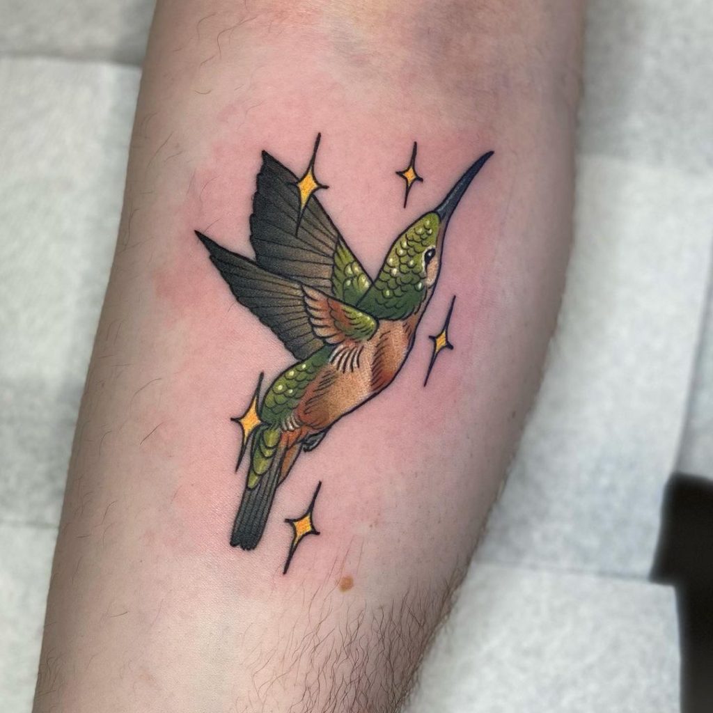 Neotraditional Hummingbird and Sparkles Tattoo by Reid Elizabeth
