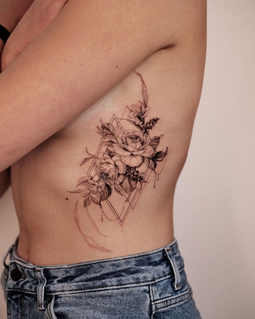 Black and Grey Flower and Geometric Side Tattoo by Rimu