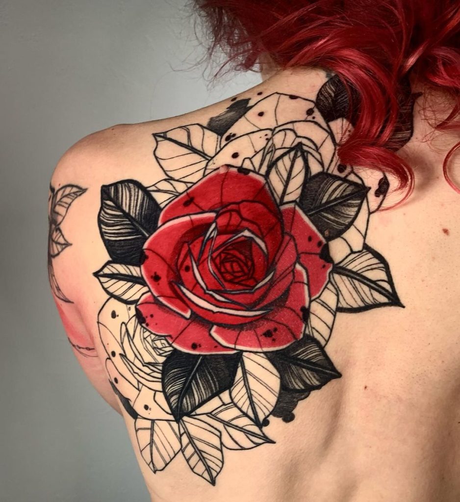 Illustrative Art Fusion Rose Tattoo by Rogue