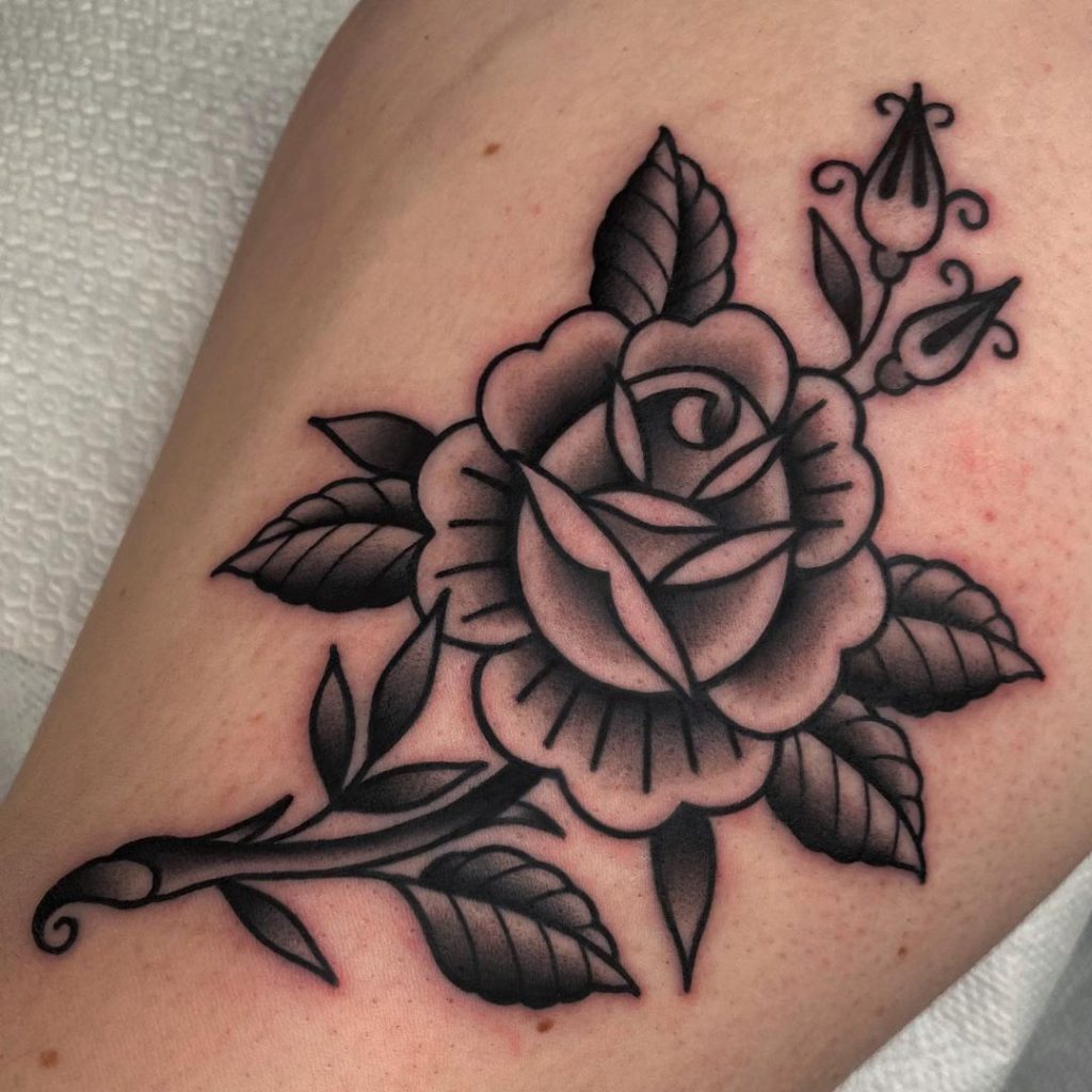 Black and Grey Old School Traditional Rose Tattoo by Rosalyn Amsterdam