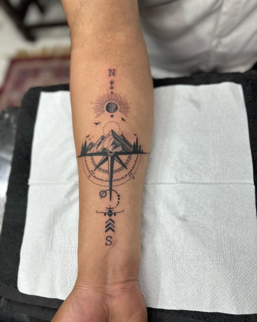Black and Grey Mountain, Airplane and Compass Tattoo by Deepak